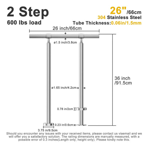 Top Notch 304 Stainless Steel Two Step Stair Handrail Kit With A Comfy 1.5 Inch Grip Rail dimensions diagram, 36 inch height, 600 lb load