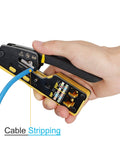 Hand using All In One Pass Through RJ45 Crimp Tool Kit for Ethernet Cabling Cat5 Cat5e Cat6 With 50 RJ45 Connectors Pliers Cable Tester Mini Cable Stripper and Replacement Blades