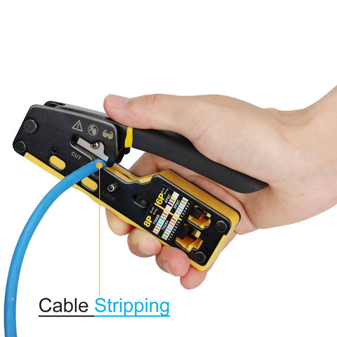 Hand using All In One Pass Through RJ45 Crimp Tool Kit for Ethernet Cabling Cat5 Cat5e Cat6 With 50 RJ45 Connectors Pliers Cable Tester Mini Cable Stripper and Replacement Blades
