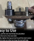Wheel Stud Installer Replacement Tool 22800 being used on a car hub, showing swivel bearing and stud installation process