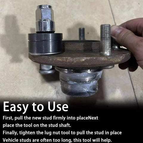 Wheel Stud Installer Replacement Tool 22800 being used on a car hub, showing swivel bearing and stud installation process