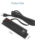 Under Desk Wall Mount Power Strip With Four Outlets And Two USB Ports, 6.56Ft Cord, 120V 12A 1440W shown with dimensions
