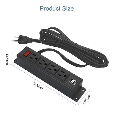 Under Desk Wall Mount Power Strip With Four Outlets And Two USB Ports, 6.56Ft Cord, 120V 12A 1440W shown with dimensions