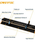 Table Saw Taper And Straight Line Jig For Precise Tapering And Straight Line Cutting Pro Grade In A Three Quarters Inch Wide By Three Eighths Inch Deep Miter Slot Includes 36 Inch Miter Bar Adjustable Fence Hold Down Clamps And Measuring Tools with labeled parts.