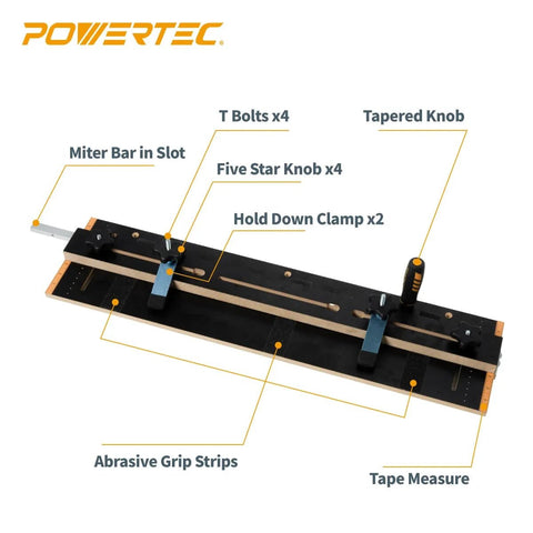 Table Saw Taper And Straight Line Jig For Precise Tapering And Straight Line Cutting Pro Grade In A Three Quarters Inch Wide By Three Eighths Inch Deep Miter Slot Includes 36 Inch Miter Bar Adjustable Fence Hold Down Clamps And Measuring Tools with labeled parts.