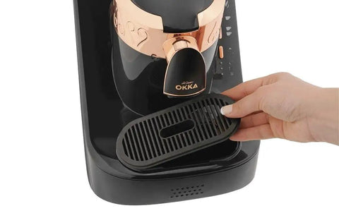 Automatic Turkish Coffee Maker With Self Clean One Touch Brew And Easy Pour Altitude Auto Detect Technology For Consistent Flavor At Any Elevation USA 120V UL Listed Black And Silver with removable drip tray
