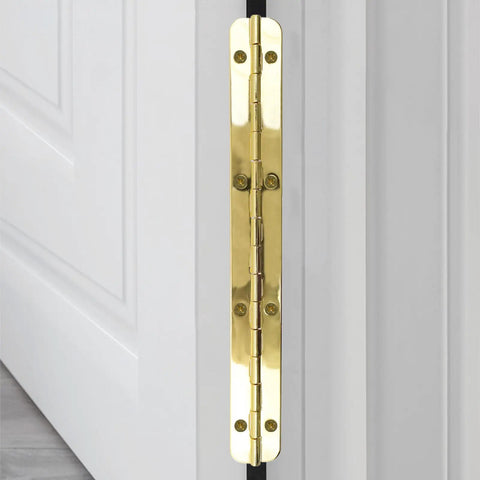 Heavy Duty Gold Iron Piano Hinges 6.3 Inch Continuous Cabinet Hardware for Kickass Furniture Builds installed on door.
