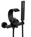 Black Wall Mounted Tub Faucet With Handheld Spray Waterfall Spout Set For Your Bathroom Renovation Sleek Modern Design
