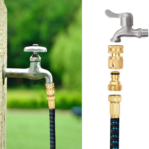 Solid Brass Garden Hose Quick Connectors 3/4 Inch Thread Fittings No Leak Male and Female Hose Connectors Set 6 Pack attached to faucet