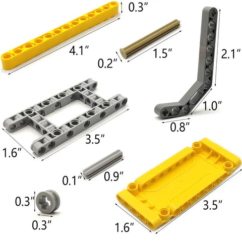 Components of Tech Build Kit With 420 Pieces Technic Beams Axles Connectors And Brick Parts, showing dimensions and details.