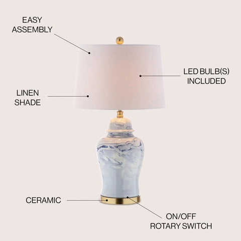 Blue and White Marble Ceramic Table Lamp in Ginger Jar Style with Brass Gold Base and White Linen Drum Shade 26 Inches Tall LED Bulb