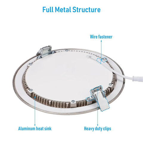 Ultra Slim 4 Inch LED Recessed Downlights With J Box Pack Of 6, back view showing aluminum heat sink and wire fastener.