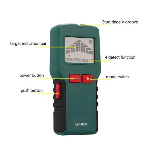 Close-up of Straight Up 4 In 1 Wall Scanner And Stud Finder with buttons, LCD display, and target indication features.