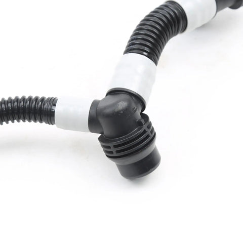 Slick Drop In Replacement Battery Cooling Hose With Left Manifold Pipe For Tesla Model 3 And Y EV 2017 To 2025 close-up view of flexible black cooling pipe.