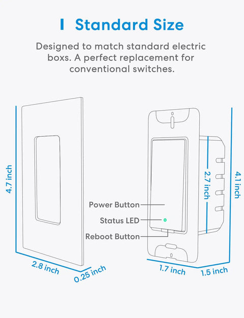 Diagram of Smart Dimmer Switch With Remote For LED Lights, Neutral Wire Required, Single Pole To 3 Way, Shows dimensions and buttons