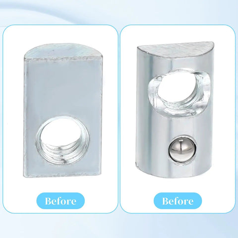 20 Pack 1/4-20 T Slot Nuts With Ball Spring Roll In Steel For Smooth Sliding T Slot Hardware On 10 Series Aluminum Extrusion Profiles And Rails Built To Last, showing front and side view of nuts