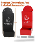 Heavy Duty Metal Chicken Oyster Shell And Grit Feeder With Smart Auto Dispenser dimensions shown, black oyster and red grit feeder units.