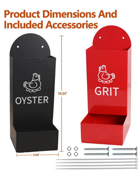 Heavy Duty Metal Chicken Oyster Shell And Grit Feeder With Smart Auto Dispenser dimensions shown, black oyster and red grit feeder units.