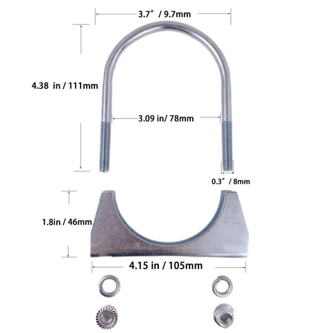 Dimensions of Heavy Duty Exhaust U Clamps Saddle Style for 3 Inch Exhaust Pipe Fit 3 Inch Outer Diameter Pack of 2