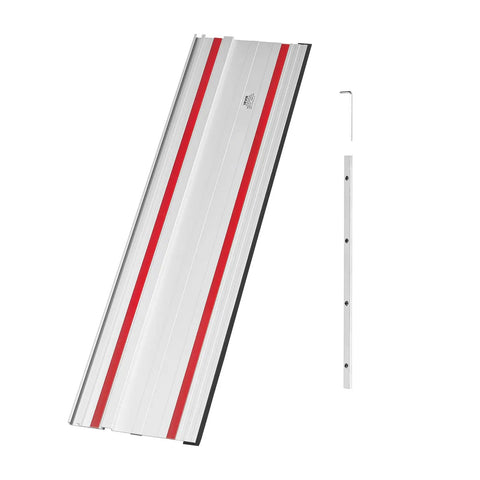 55 Inch Track Saw Guide Rail Kit With Two Twenty Seven Point Five Inch Aluminum Rails And Connector for precise cuts, top view.