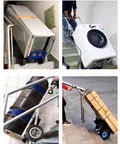 1200W Heavy Duty Electric Stair Climber Hand Truck with Folding Sack Design navigating stairs with various cargo loads.
