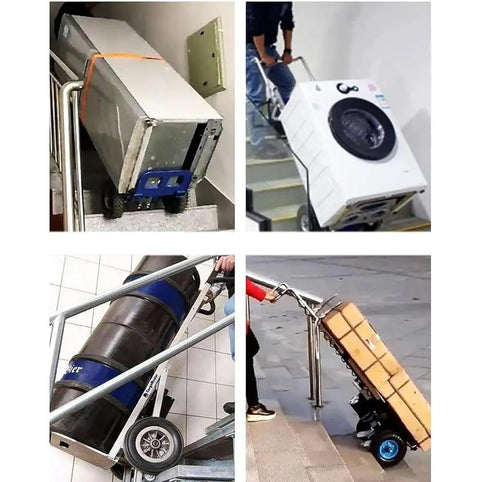 1200W Heavy Duty Electric Stair Climber Hand Truck with Folding Sack Design navigating stairs with various cargo loads.