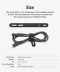 Black silicone cable tie next to coiled cable on white background with size details, part of Silicone Cable Ties Reusable Flexible Cord Organizer With Adjustable Length Two Size Options Durable Clips Fifteen Pack In Five Modern Colors Perfect For Cables Home Office Travel Snacks And Hair.