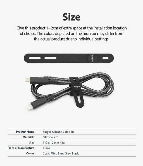 Black silicone cable tie next to coiled cable on white background with size details, part of Silicone Cable Ties Reusable Flexible Cord Organizer With Adjustable Length Two Size Options Durable Clips Fifteen Pack In Five Modern Colors Perfect For Cables Home Office Travel Snacks And Hair.
