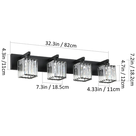 Black Bathroom Vanity Light Fixture With Crystal Accents showing dimensions; sleek modern 4-light wall sconce design.