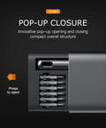 Pop-up closure of 51 In 1 Mini Precision Screwdriver Set Portable Magnetic Go-To Repair Kit with visible bits and press to eject button.