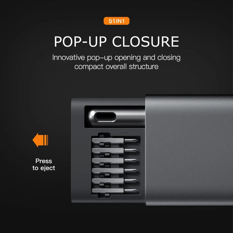 Pop-up closure of 51 In 1 Mini Precision Screwdriver Set Portable Magnetic Go-To Repair Kit with visible bits and press to eject button.