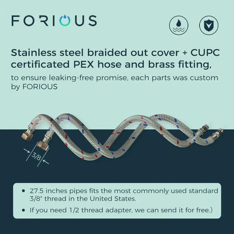 Stainless steel braided hose with 3/8 inch connections for Black 6 Inch Corner Bathroom Sink Faucet With Waterfall Flow Single Hole Design Dope Look Metal Pop Up Drain Stopper Included Supply Lines Easy Temp Control Sleek RV Friendly Bathroom Tap