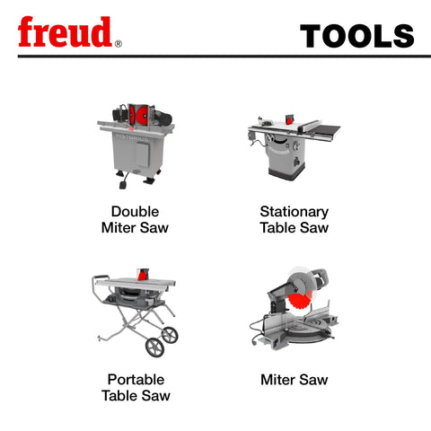 freud tools catalog featuring double miter saw, stationary table saw, portable table saw, and miter saw in grid layout