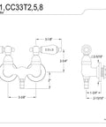 Technical diagram of Old-School Vintage Style Wall Mount Tub Faucet Set With Porcelain Levers, Solid Brass, dimensions displayed.