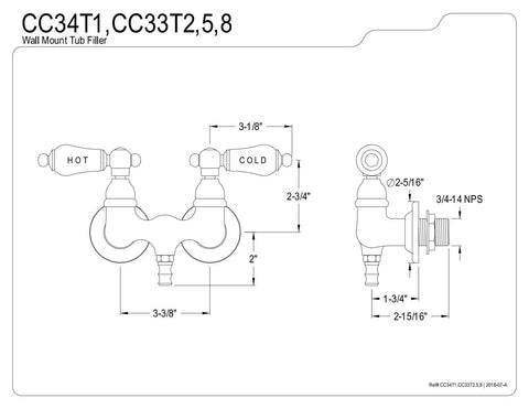 Technical diagram of Old-School Vintage Style Wall Mount Tub Faucet Set With Porcelain Levers, Solid Brass, dimensions displayed.