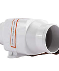 Heavy Duty Inline Marine Bilge Blower Fan DC 12 Volt 130 Cfm Slick White Abs Housing showing intake and mounting bracket.