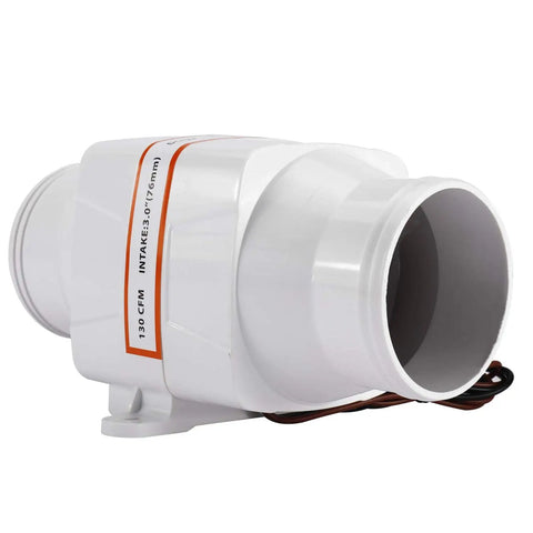 Heavy Duty Inline Marine Bilge Blower Fan DC 12 Volt 130 Cfm Slick White Abs Housing showing intake and mounting bracket.