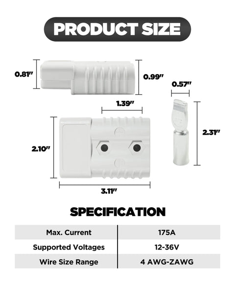 2 Pack 175 Amp Battery Quick Disconnect Connectors for 2 to 4 Gauge Cables, Beefy Battery Terminal Kit for Car Winch and Trailer, 12 Volt Wire Harness Plug and Jumper Cable Connect and Disconnect. white plastic connector size chart with terminal