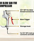 Air blow gun for compressor with 1/4-inch connectors, blow trigger, and storage hook. Part of One Quarter Inch Quick Connect Air Accessory Kit With 25 Feet PVC Hose Blow Gun With Inflation Nozzles Tire Gauge Air Chuck And Fittings For Fast Home Garage Air Tool Setup.