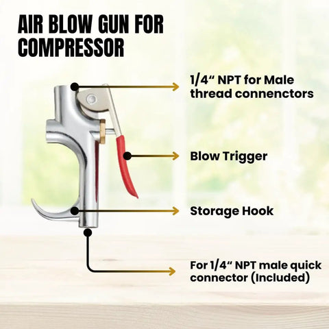 Air blow gun for compressor with 1/4-inch connectors, blow trigger, and storage hook. Part of One Quarter Inch Quick Connect Air Accessory Kit With 25 Feet PVC Hose Blow Gun With Inflation Nozzles Tire Gauge Air Chuck And Fittings For Fast Home Garage Air Tool Setup.