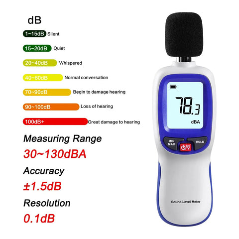 Portable SPL Meter With Digital Noise Level Gauge 30 To 130 dB A Range For Pro Grade Sound Pressure Measurements In Music Recording Studios Offices Home Industrial Noise Monitoring And More. handheld plastic sound level meter with backlit LCD and foam mic cover