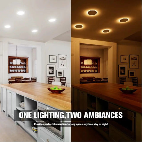 12 Pack 6 Inch 5Cct Recessed Led Lights Serving A Smooth Amber Night Halo Packing 1080 Lumens illuminating kitchen with adjustable brightness.
