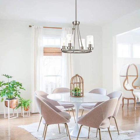 Wagon Wheel Chandelier With Clear Glass Shades For Four Light 19 Inch Wide Dope Modern Brushed Nickel Ceiling Light Fixture in dining room