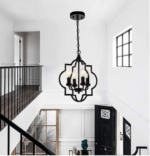 Black Farmhouse 4-Light Chandelier With Adjustable Chain, Lantern Style Pendant in modern entryway, 15.8 x 18.1 Inches, E12 Base