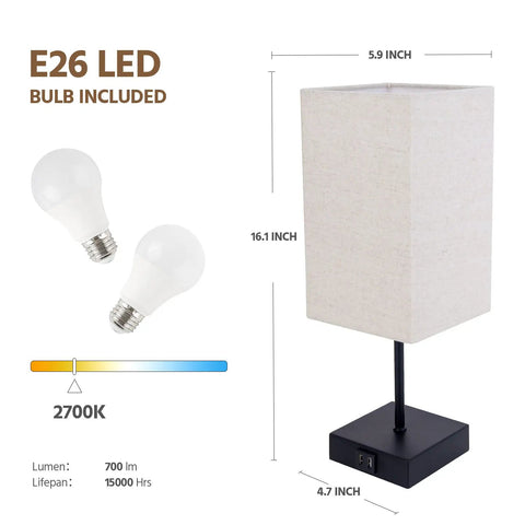 Pair Of Touch Lamps With USB Port And Outlet, 3 Way Dimmable Bedside Lamps for Nightstands, LED bulbs incl, size details shown