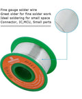Close-up of Ultra Thin 0.015 Inch Solder Wire Rosin Flux Core Lead Free spool with product details visible