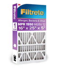Filtrete 16x25x5 air filter MPR 1550 MERV 12 box packaging showing allergen, bacteria, virus protection