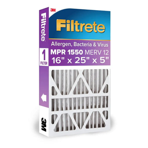 Filtrete 16x25x5 air filter MPR 1550 MERV 12 box packaging showing allergen, bacteria, virus protection