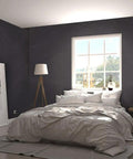 Removable Black Silk Embossed Peel and Stick Wallpaper in bedroom with bed and window, self adhesive vinyl textured contact paper