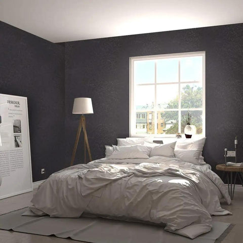 Removable Black Silk Embossed Peel and Stick Wallpaper in bedroom with bed and window, self adhesive vinyl textured contact paper